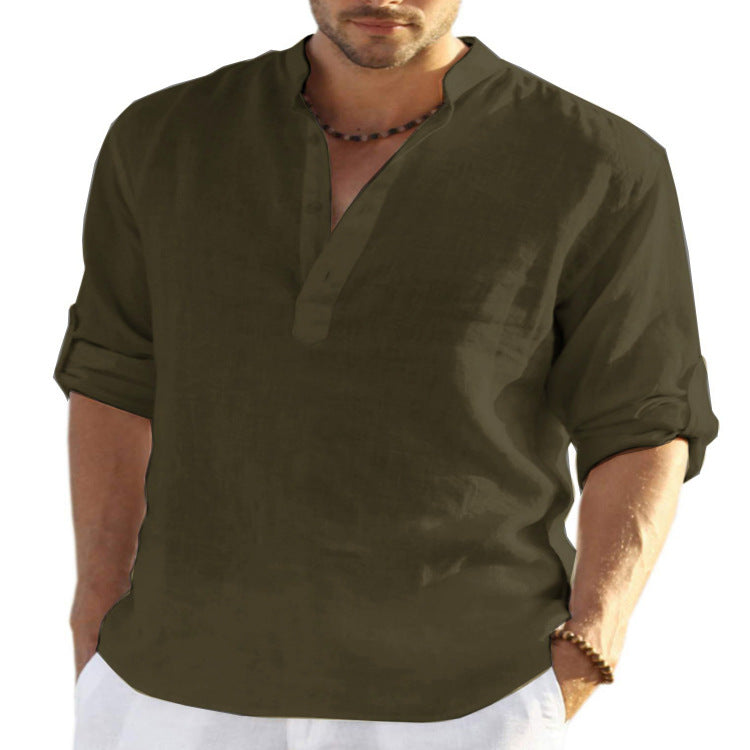 Men’s Casual Cotton-Linen Long Sleeve Shirt